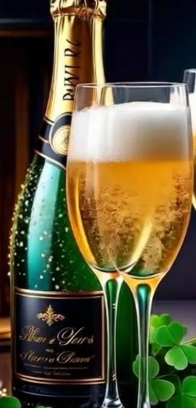 Champagne glasses with bottle in festive setting.