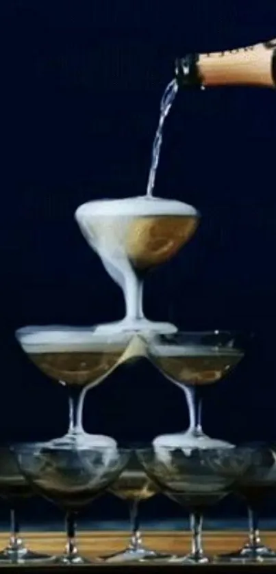 Luxurious champagne tower cascading bubbles against a dark background.