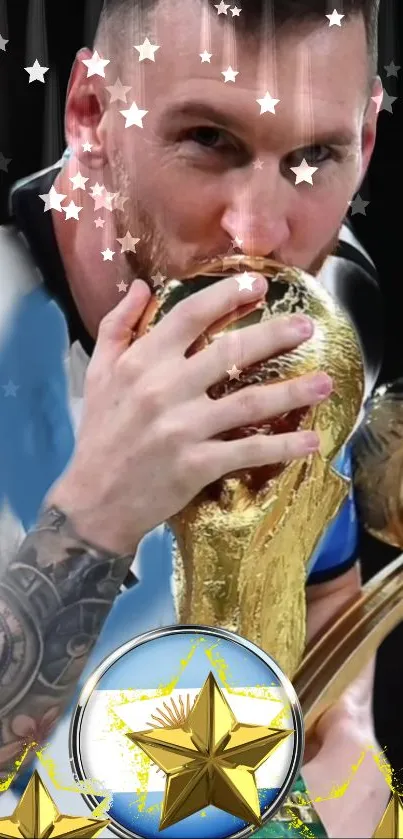 Soccer champion with World Cup trophy.