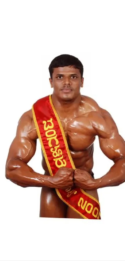 Bodybuilder with sash in strong pose on a white background.