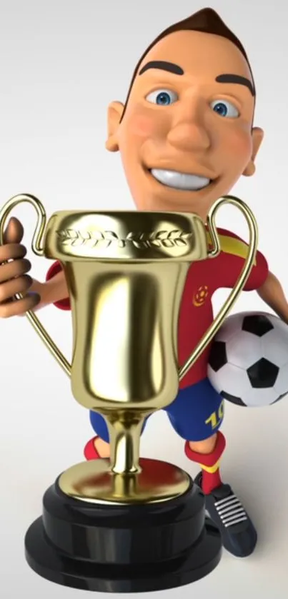 Cartoon soccer player with trophy and ball.