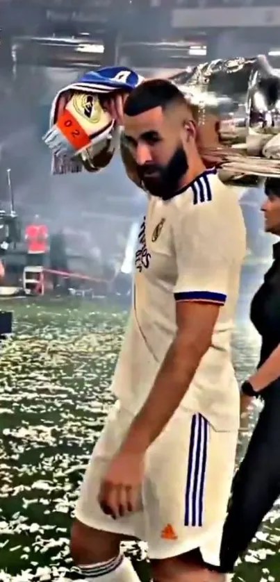 Soccer player celebrating with trophy on field.