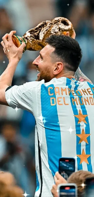 Soccer player celebrates victory holding trophy with a joyful expression.