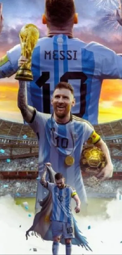 Celebratory football champion with trophy against a vibrant stadium backdrop.