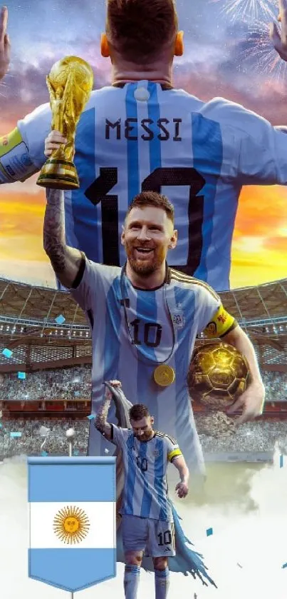 Football legend holding trophies with fireworks in a stadium.