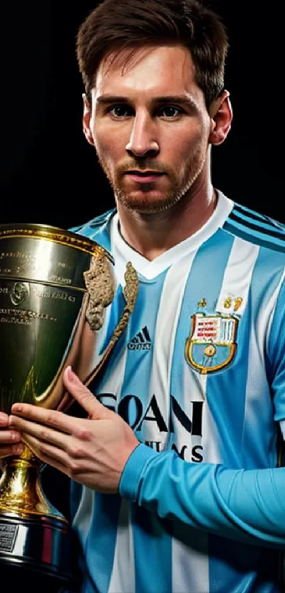 Soccer player in blue jersey holding a golden trophy.