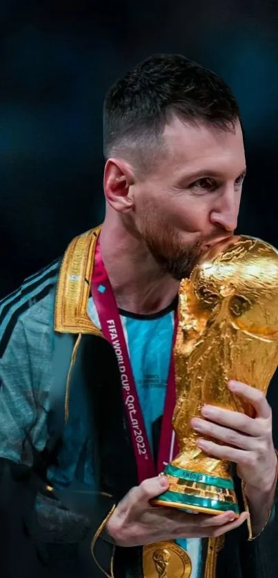 Champion kissing World Cup trophy with blue background.