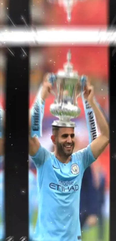 Athlete celebrating with a trophy in sky blue sports attire.