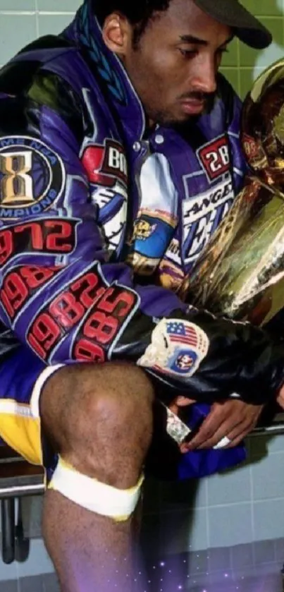 Basketball player with trophy in locker room.