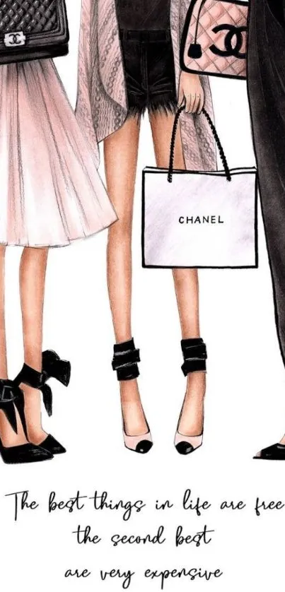 Chanel inspired fashion art wallpaper with quote and stylish outfits.