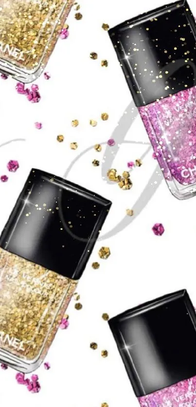 Chanel glitter nail polish wallpaper with gold and pink bottles.