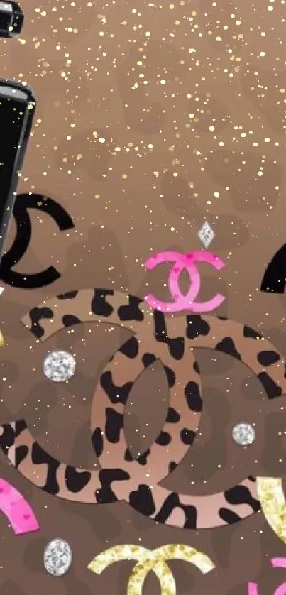 Chanel perfume and logos on a brown glamour background.