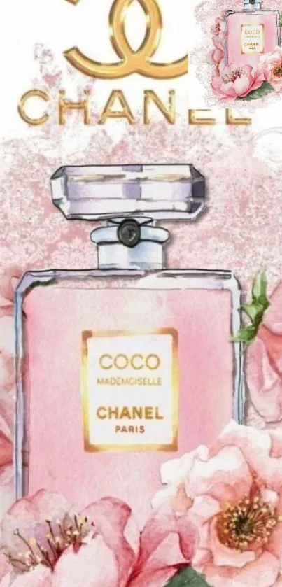 Chanel perfume with pink floral design, luxury branding.