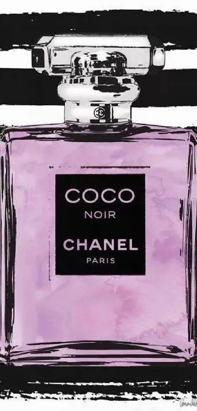 Chanel perfume bottle on a black and white striped background.