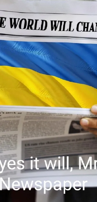 Man holding newspaper with Ukrainian flag.