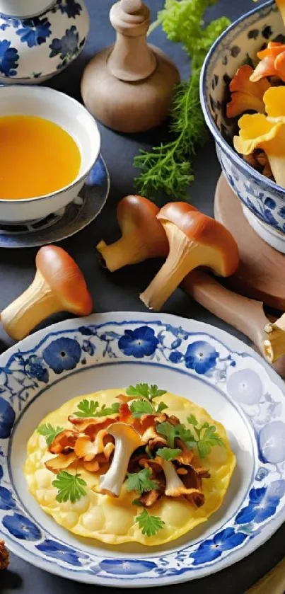 Exquisite dish with chanterelle mushrooms in decorative bowls and plates.