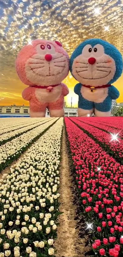 Two plush characters in a flower field under a colorful cloudy sky.