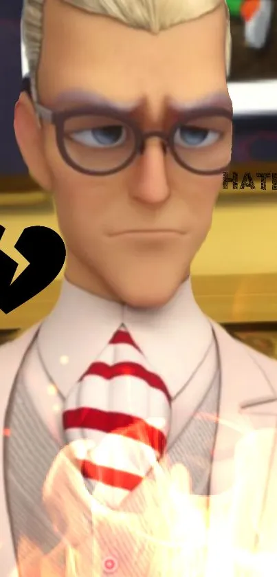 Blonde animated character with glasses and tie in a fiery background scene.