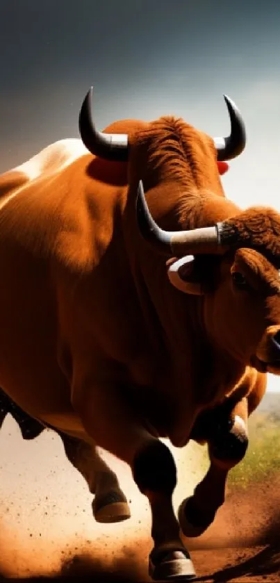 Dynamic wallpaper of a powerful charging bull on a dirt path.