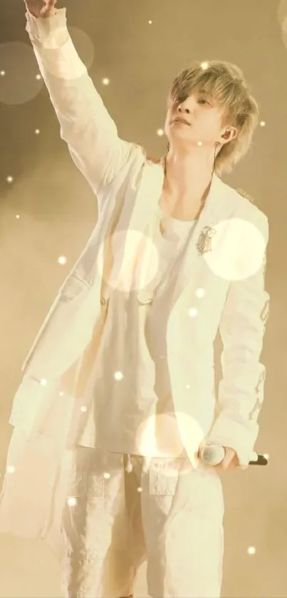 Singer in a white suit against a soft gold background, reaching up with mic in hand.