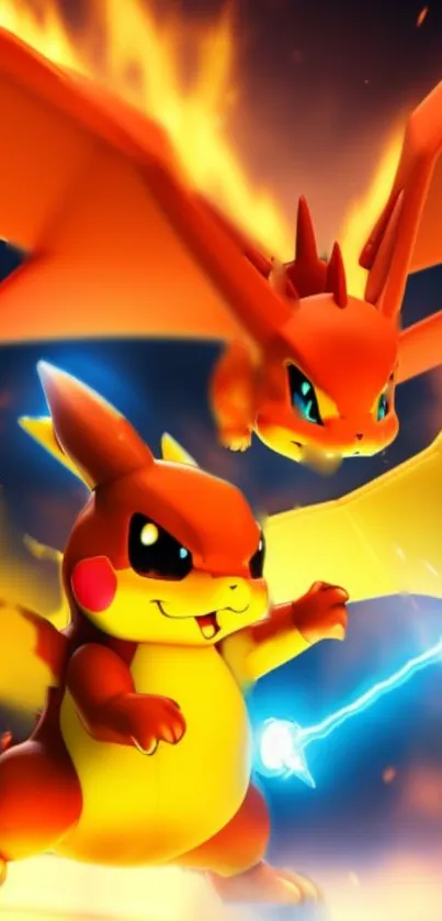 Fiery Charizard evolving with flame and energy in dynamic mobile wallpaper.