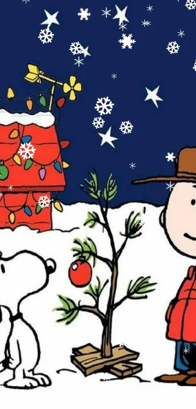 Charlie Brown and Snoopy with Christmas tree under starry sky.