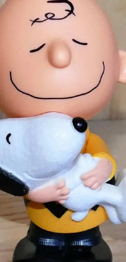 Charlie holding Snoopy in a joyful embrace, smiling brightly.