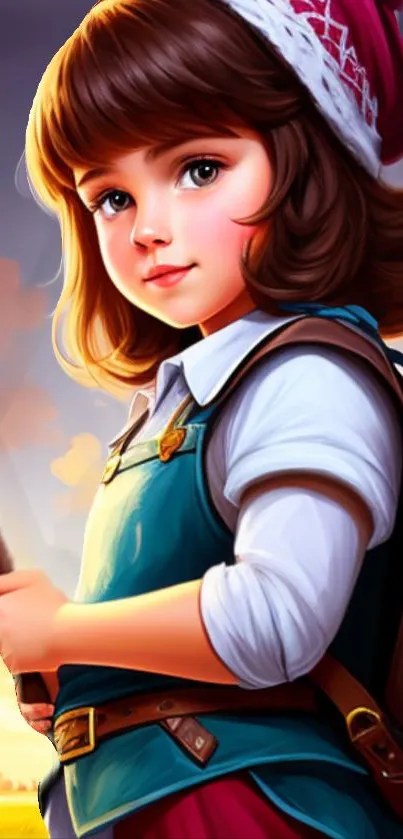 Young adventurer with brown hair, holding a staff, in a colorful fantasy setting.