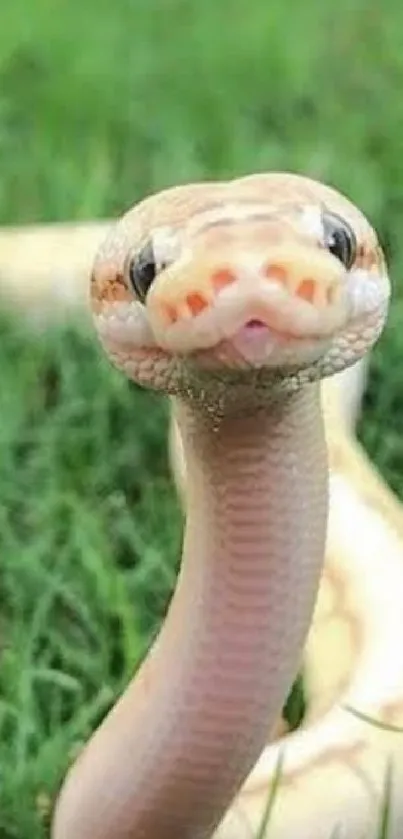 Albino snake slithering through green grass.