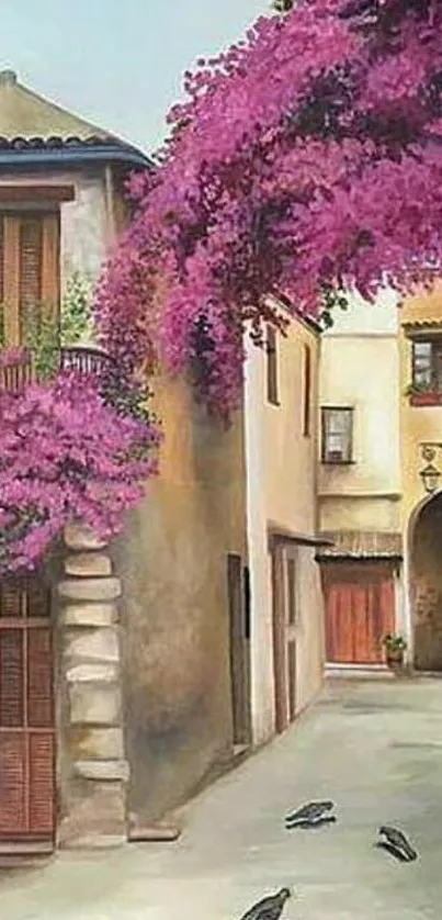 Charming alley with pink bougainvillea blooms.