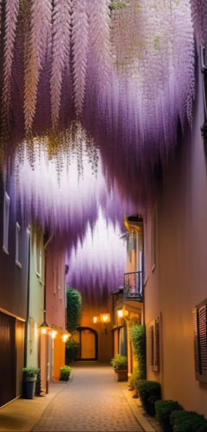 Charming alleyway with cascading purple wisteria.