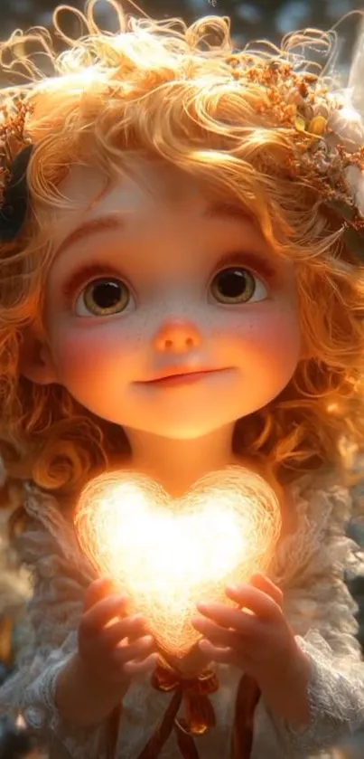 Young angel holding glowing heart close.