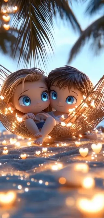 Two animated characters in hammock with glowing lights on beach.