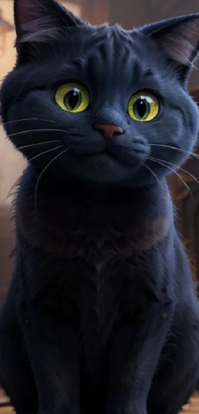 Animated black cat with bright eyes in a cozy room.