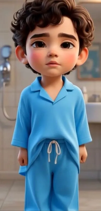 Animated boy in blue outfit standing in a bathroom.