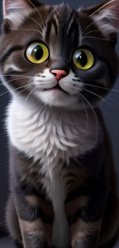 Charming animated cat with large eyes on a dark gray background.