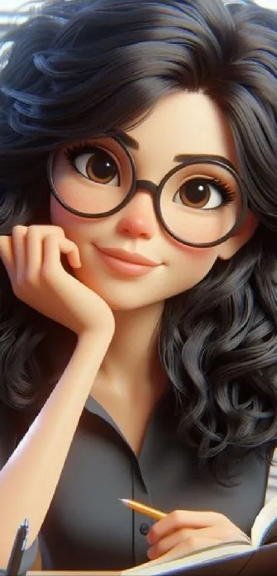 Animated character with curly hair and glasses, ideal for a phone background.