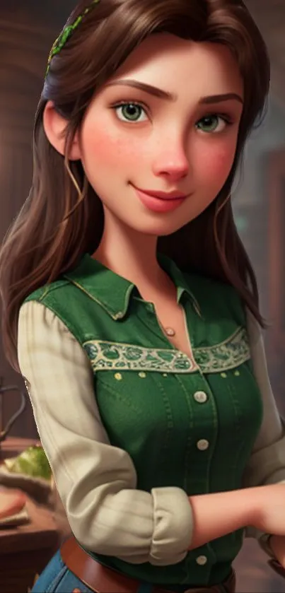 Animated character with brown hair and green attire on mobile wallpaper.