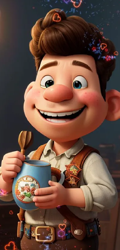 Charming animated character holding a mug in a cozy setting with warm lighting.