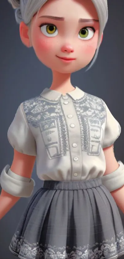 Charming animated character in gray and white clothing.