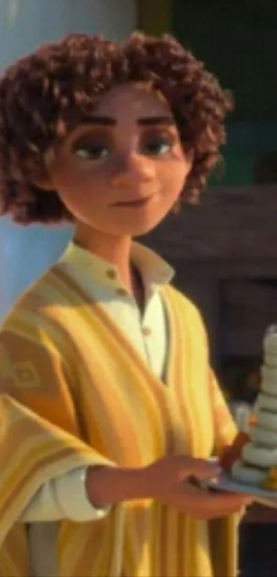 Curly-haired animated character with yellow poncho holding a platter of treats.