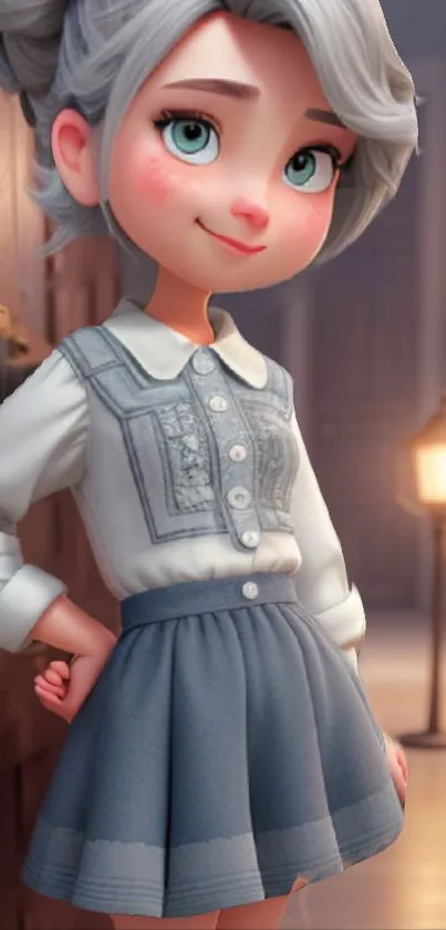 Animated character with silver hair in stylish outfit, standing near a door.