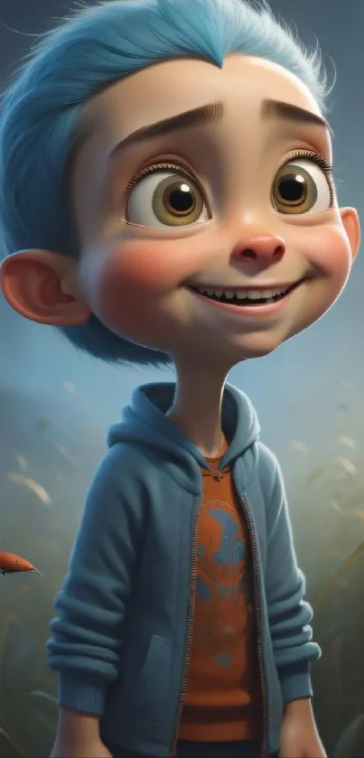 Animated child character with blue hair in magical setting.