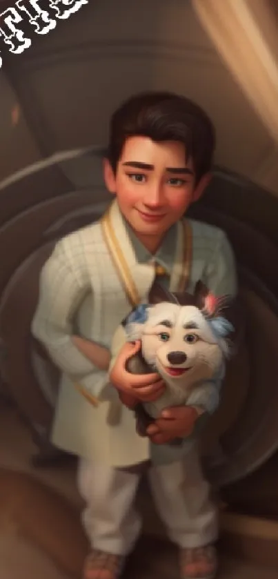 Charming animated boy holding a fluffy white dog in a digital art style.