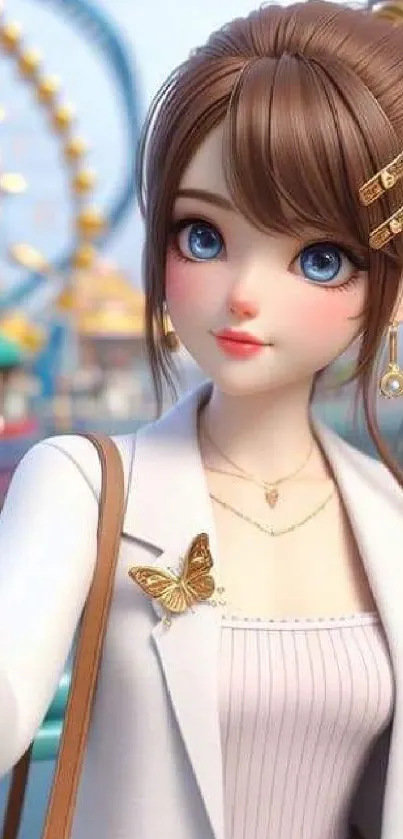 Charming animated girl taking a selfie in vibrant background.