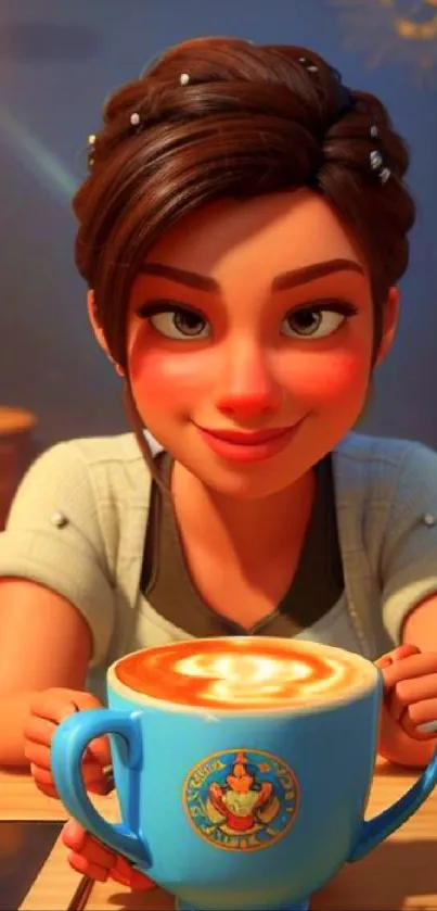 Cartoon girl smiling with a coffee cup