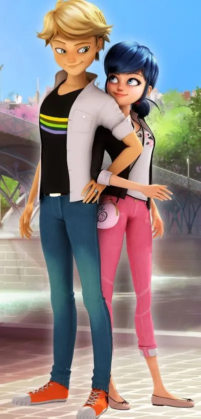 Animated couple standing joyfully with vivid urban backdrop.