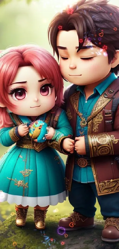 Charming animated couple in nature setting, perfect for mobile wallpaper.