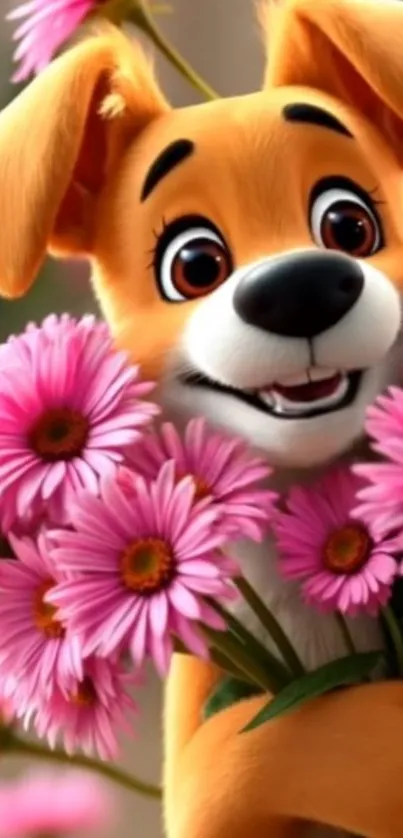 Animated cheerful dog with pink flowers.