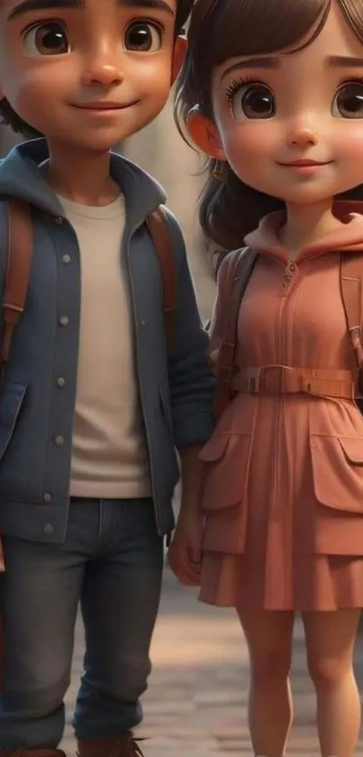 Animated duo with warm tones and backpacks in cute, enchanting scene.